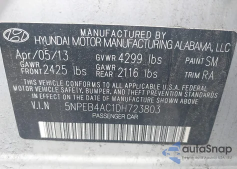 2013 Hyundai Sonata Gls из США, поврежденный, VIN 5NPEB4AC1DH723803